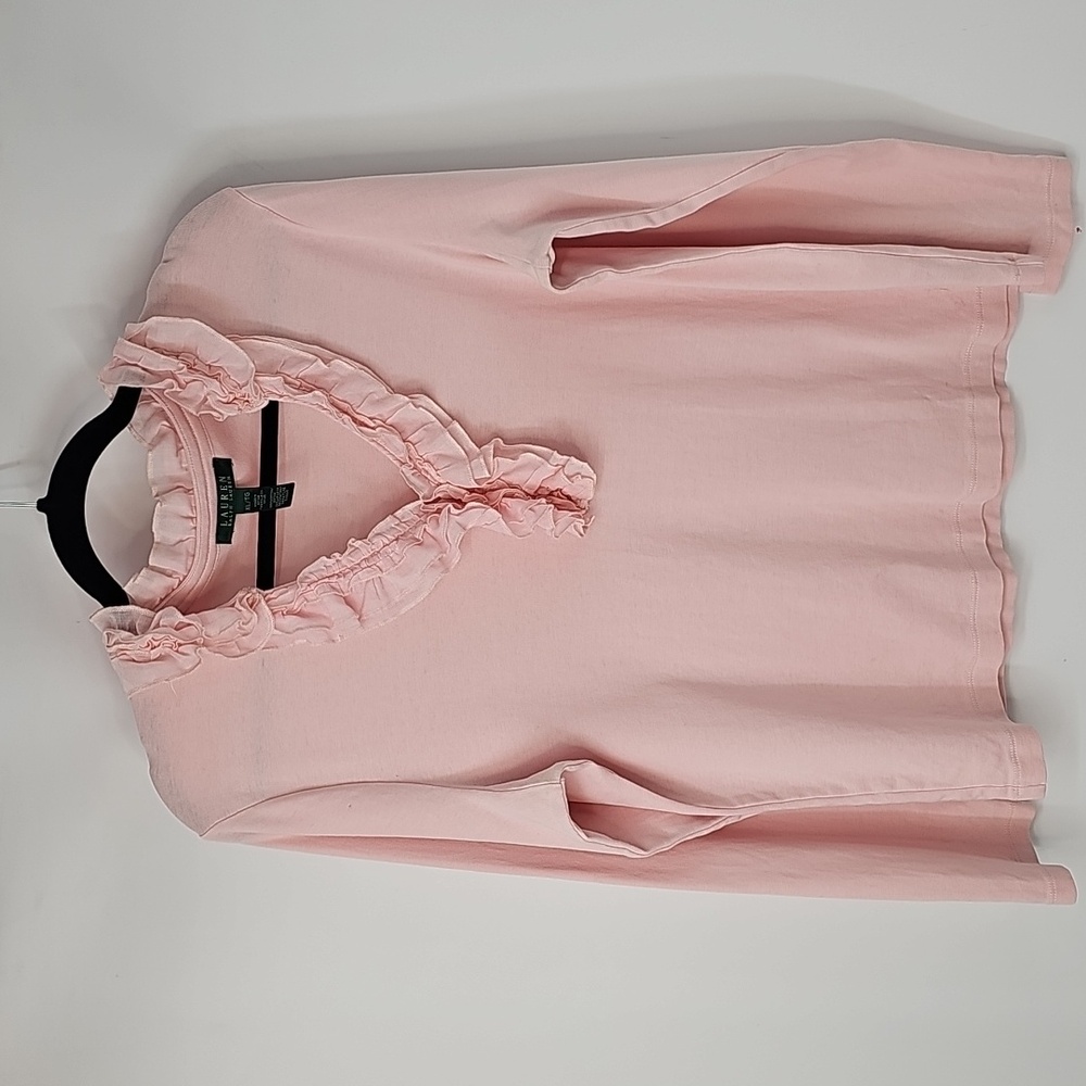 LRL Soft Pink Top w Dainty Ruffled Vneckline Classic Feminine Peasant Fairy - Picture 12 of 13